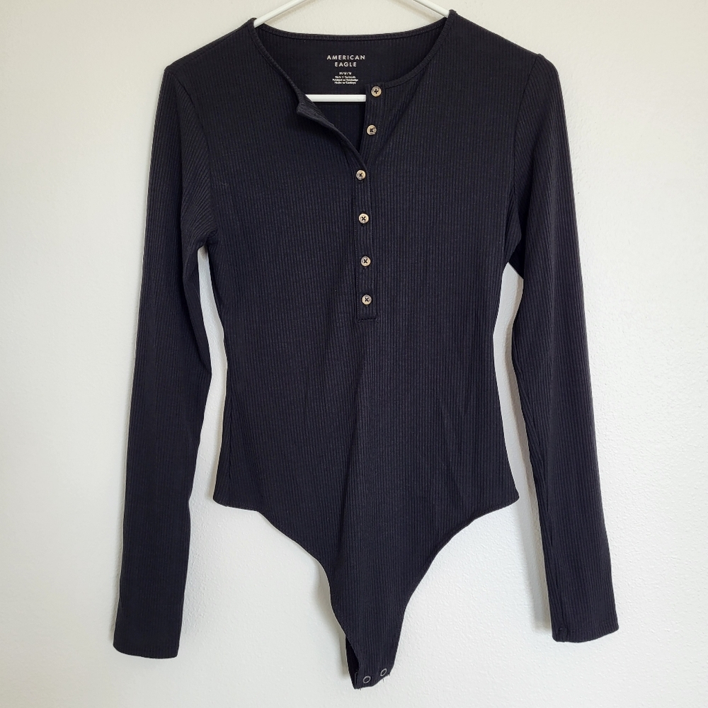 AE American Eagle Henley Ribbed Bodysuit - Black